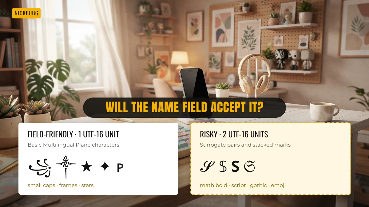BGMI name field friendly BMP characters compared with risky surrogate pair fonts and emoji