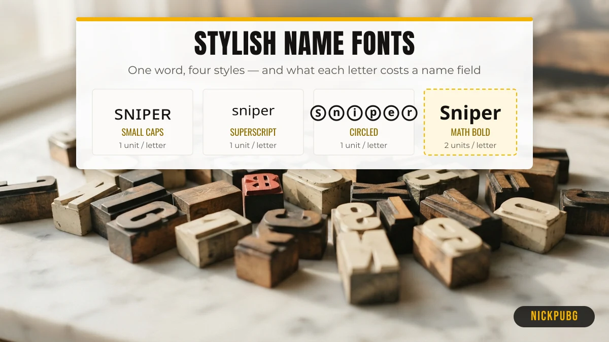 Stylish name fonts for PUBG and BGMI compared: small caps, superscript, circled and math bold