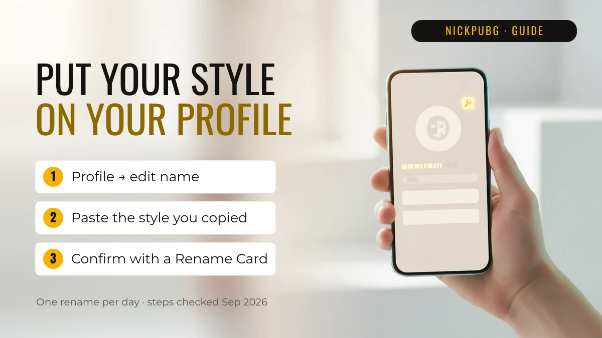 How to put a BGMI name style on your profile: edit name, paste the copied style, confirm with a Rename Card