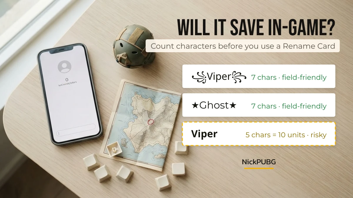 PUBG name character count check comparing field-friendly and risky name styles