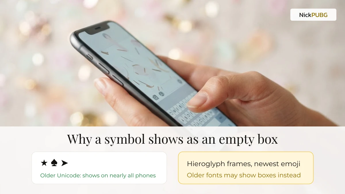PUBG name symbols on phones: older Unicode symbols display everywhere, hieroglyph frames may show empty boxes