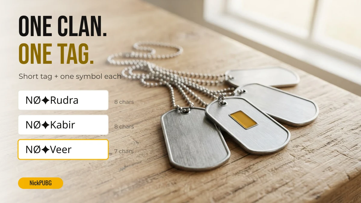 BGMI clan names and matching squad tags shown on light name cards