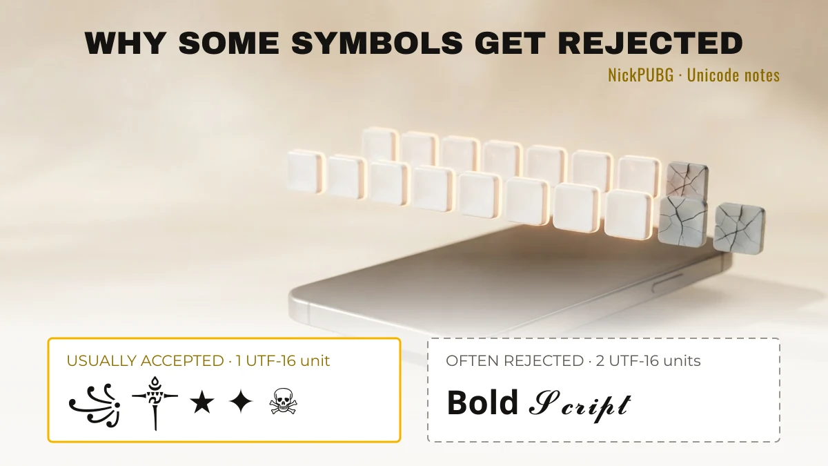 BGMI name symbols accepted vs rejected: single UTF-16 unit symbols versus emoji and math letters