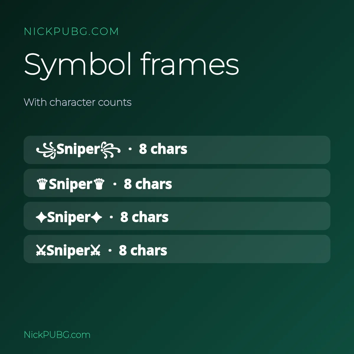 Symbol frames for a BGMI nickname with character counts